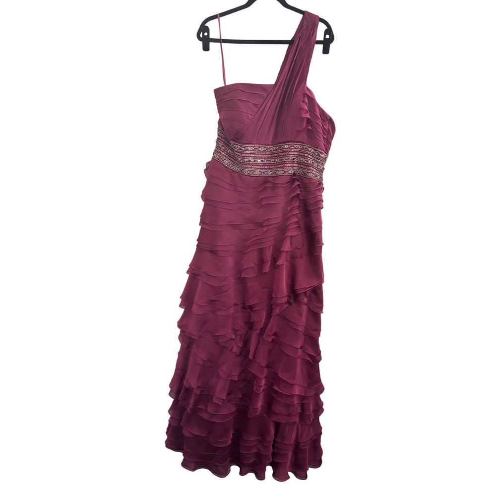 Jovani 71780 One Shoulder Tiered Ruffle Beaded Gown Magenta  Size 14 Formal Flaw